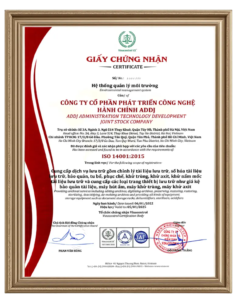 Chứng chỉ ISO 14001 do Vinacontrol cấp cho khách hàng