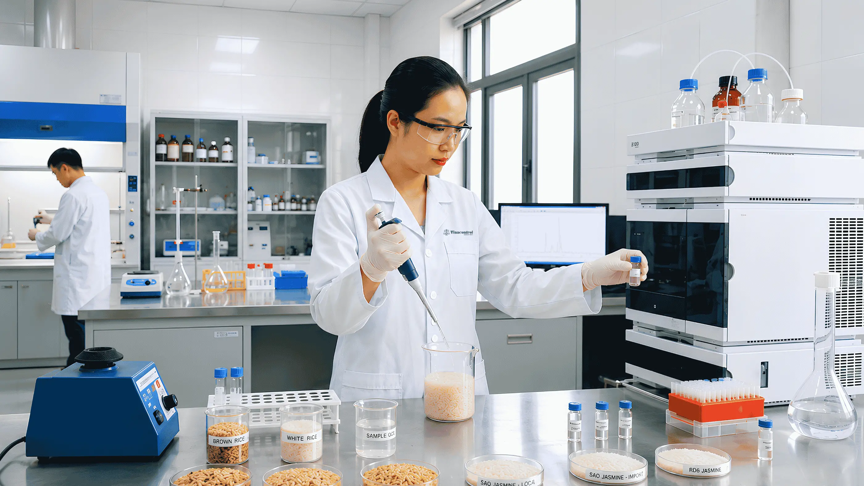 Các mẫu gạo được phân tích tại phòng thử nghiệm Vinacontrol
